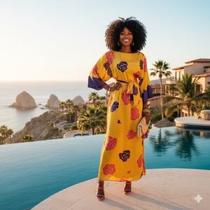 VINTAGE FLORA KUNG BELTED MAXI DRESS